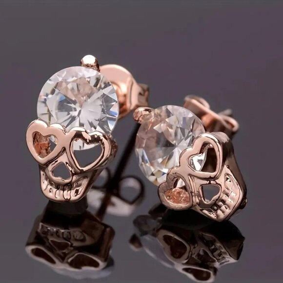 Jewelry - NEW Cubic Zirconia Stud Earrings Sugar Skull Heart Eyes